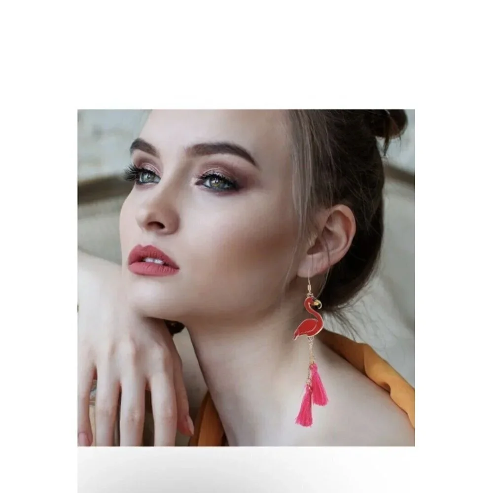 Pink Gold Enamel Flamingo Dangle Fashion Earrings